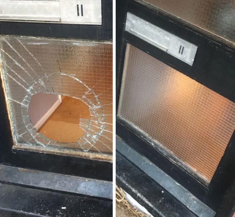 Broken window glass needing emergency replacement