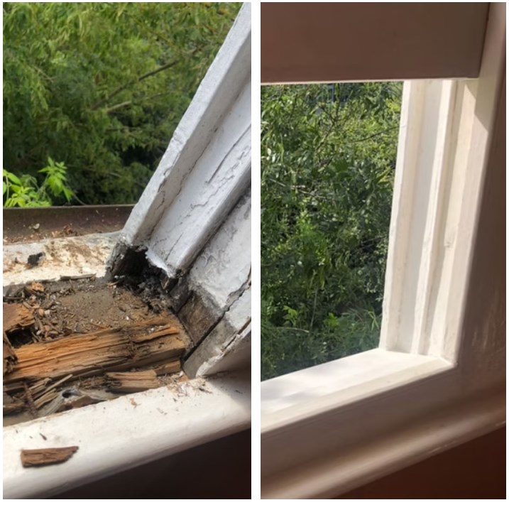 Restored wooden sash window, before and after view
